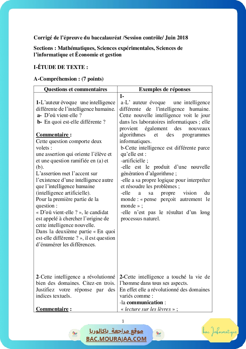 Corrigé controle francais Bac 2018 – Section info